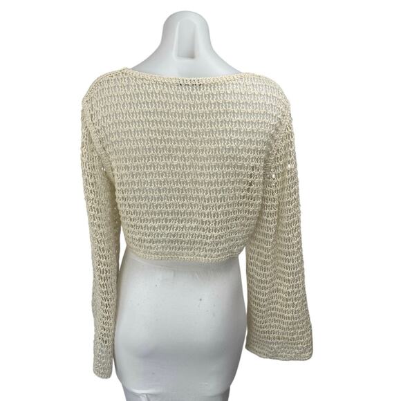 Zara Women's Cream Long Flare Sleeve Open Knit Crochet Sweater Crop Top Size M - Picture 2 of 3